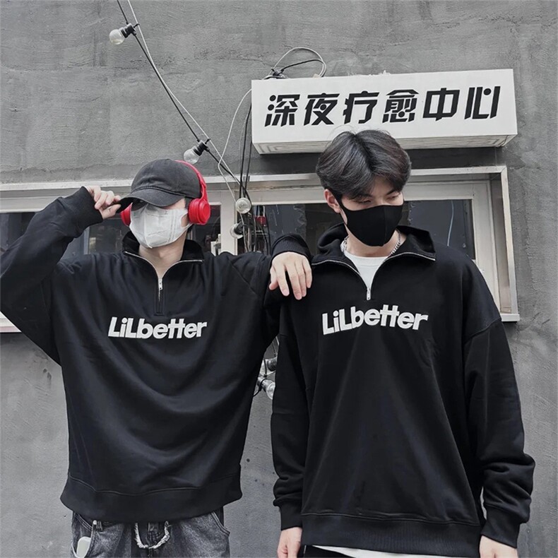 抖音得物美式全棉可翻领立领卫衣半拉链印花外套卫衣A1102,女装短外套,电商A443
