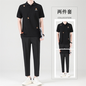 冰丝套装夏季九分休闲西裤男长裤修身韩版短袖POLO衫两件套潮图片