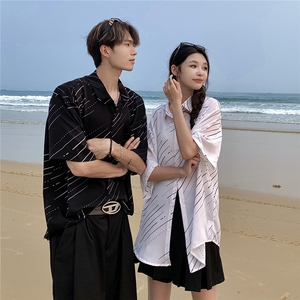 EQ407 条纹冰丝夏威夷风情侣装衬衫男女沙滩旅游度假短袖衬衣图片