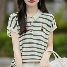 高档条纹刺绣女士短袖T恤2025夏季新款小翻领撞色时尚减龄针织衫，女装针织衫/毛衣，斯美雅电商供货