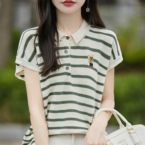 高档条纹刺绣女士短袖T恤2025夏季新款小翻领撞色时尚减龄针织衫图片