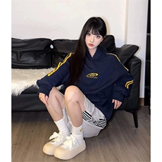 抖音得物高品质480克全棉加绒加厚宽松织带连帽印花卫衣A2302，男装卫衣，电商A443