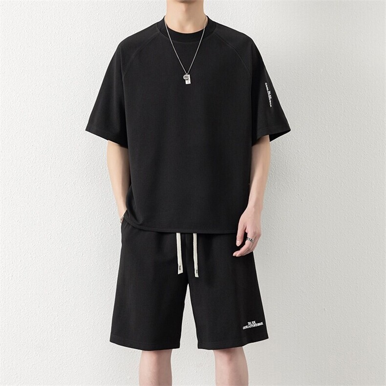 纯色二开TZ25308-特P55休闲套装男生港风宽松短袖短裤运动两件套,男装牛仔裤,电商D310B-1