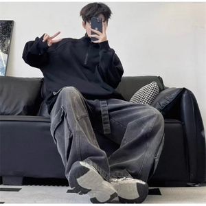 黑色多口袋工装微喇牛仔裤男秋季美式水洗直筒阔腿裤情侣弯刀裤子图片