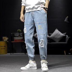 2021春季新日系大码男字母印花破洞拼接束脚九分牛仔裤N8102-P55图片