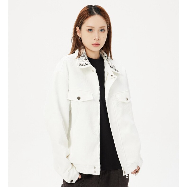 春秋季蛇年限定白蛇翻领宽松夹克男女美式复古休闲情侣棒球服外套,男装夹克,星座218-8