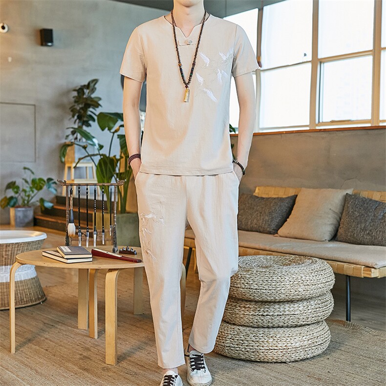 2021新款夏季风男装棉麻亚麻唐装短袖长裤套装大码T755-P55,男装休闲套装,星座1206（原A206）