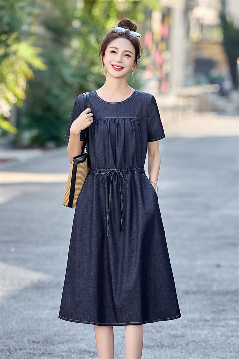短袖休闲天丝牛仔连衣裙女2024夏季新款韩版薄款收腰显瘦中长裙子,女装连衣裙,姿衣坊