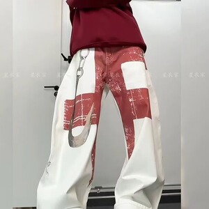 M617-P62 美式辣妹重磅设计感涂鸦印花阔腿裤子女复古个性挂钩图片