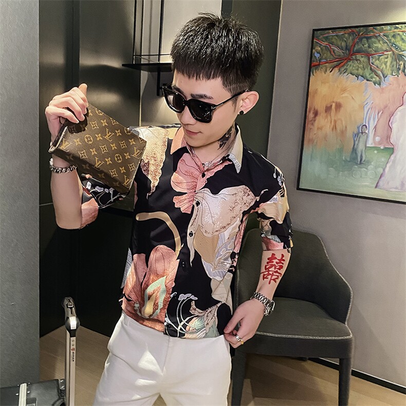 312A-105-P55新款社会小伙中袖衬衫韩版潮流男士五分袖衬衣B,男装T恤,星座312A-5