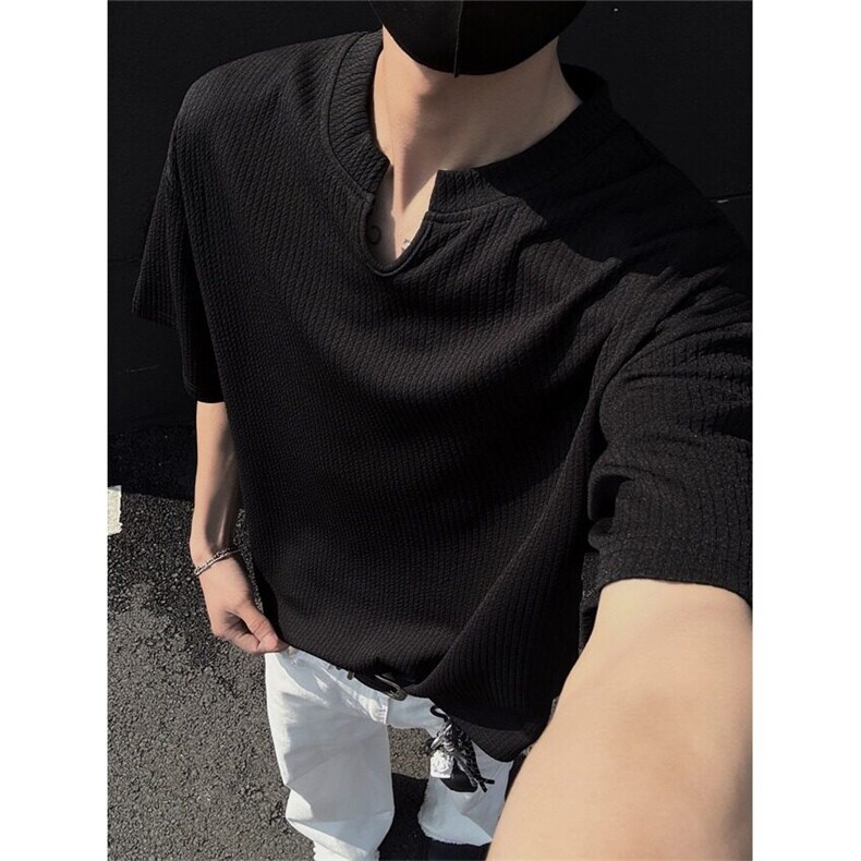 肌理感V领T恤男夏季cleanfit亲肤垂感休闲痞帅短袖冰丝凉感半袖男图片