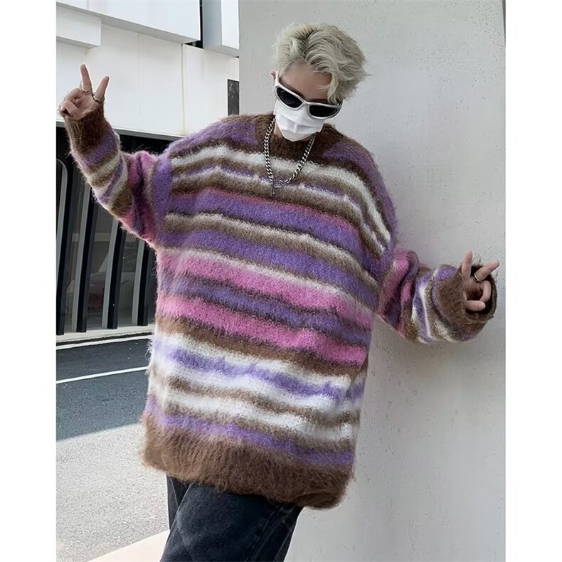 美式复古渐变条纹毛衣男宽松慵懒风小众套头衫MY207P45,男装针织衫/毛衣,星座1116-2