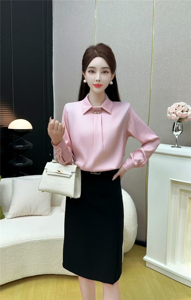 粉色衬衫女长袖2025春季新款洋气设计感小众时尚高端缎面上衣图片