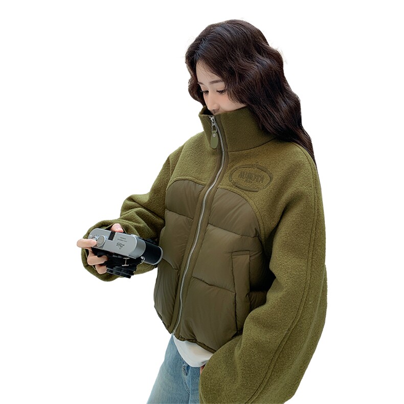 短款立领毛呢拼接羽绒服女2025冬季新款小个子白鸭绒面包服外套潮,女装羽绒服,琦鑫阁（原依鑫阁）