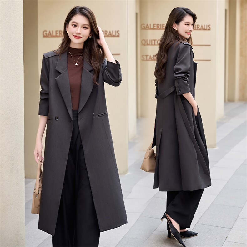 灰色高级感长款西装外套女春秋2025新款韩版宽松显瘦休闲气质风衣,女装风衣,火爆靓佳人