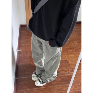 【有货】DYK90-P55美式复古水洗做旧铆钉褶皱伐木工装裤男微喇裤图片