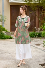 现货！夏季新款2025印花盘扣套装女时尚休闲气质宽松两件套套裤，女装套装/套裙，涵墨