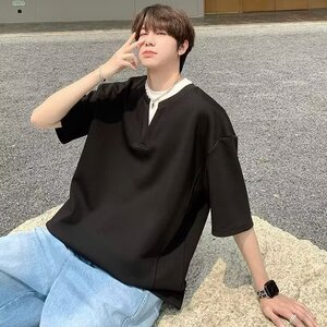 小众设计感假两件V领短袖T恤男宽松夏季简约百搭半袖T41