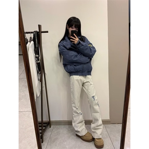 春款ins原宿复古蓝纱灰白clf微喇破洞直筒牛仔长裤K71166-P53网图图片