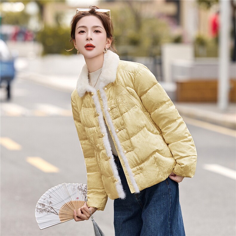 新中式白鸭绒羽绒服外套女2025冬季新款重工刺绣水貂毛提花外套,女装羽绒服,沁沁公主