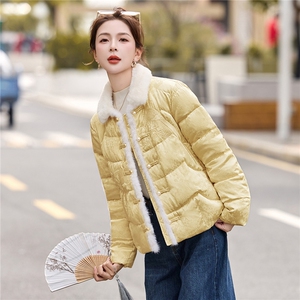 新中式白鸭绒羽绒服外套女2025冬季新款重工刺绣水貂毛提花外套图片