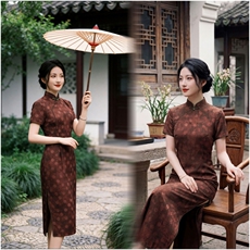 夏季新品时尚气质金丝提花香云纱品质真丝喜庆中长款旗袍裙,女装汉服/婚纱/旗袍/礼服,媚琳依坊, 夏季新品时尚气质金丝提花香云纱品质真丝喜庆中长款旗袍裙,女装汉服/婚纱/旗袍/礼服,媚琳依坊,