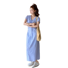V领短袖系带褶皱格子套头连衣裙夏装法式方领中长款，女装连衣裙，2C105