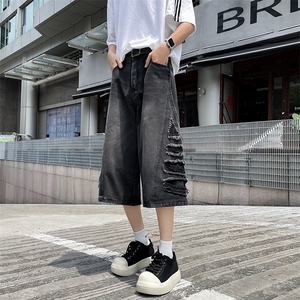 港风夏款男短裤牛仔裤破洞流苏七分中裤D3013 P50图片