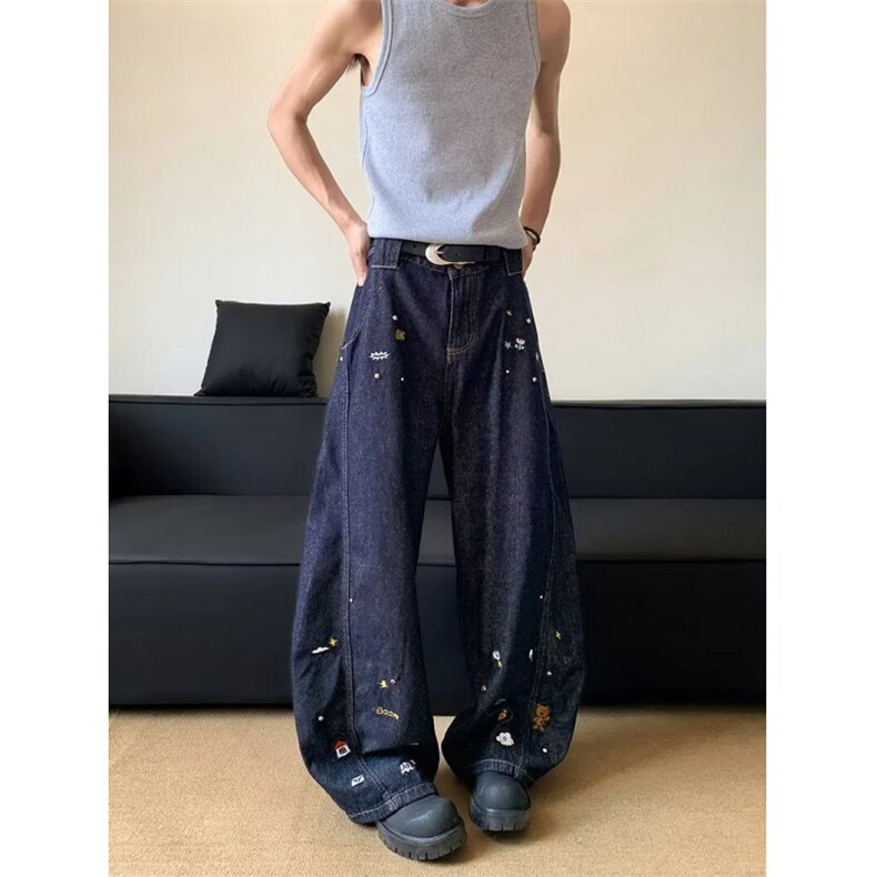 美式弯刀牛仔裤宽松男卡通刺绣设计感长裤P47YW096,男装牛仔裤,星座1112-1