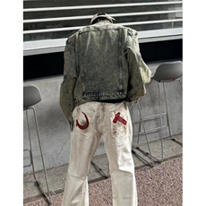 做旧水洗垫肩短款拼接牛仔外套潮牌金属设计感无领夹克男JN1224，男装工装外套，星座1116A（原606A-3）