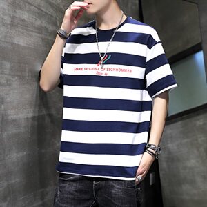 夏季男短袖t恤2021新款潮牌潮流宽松打底衫纯棉半袖条纹T213图片