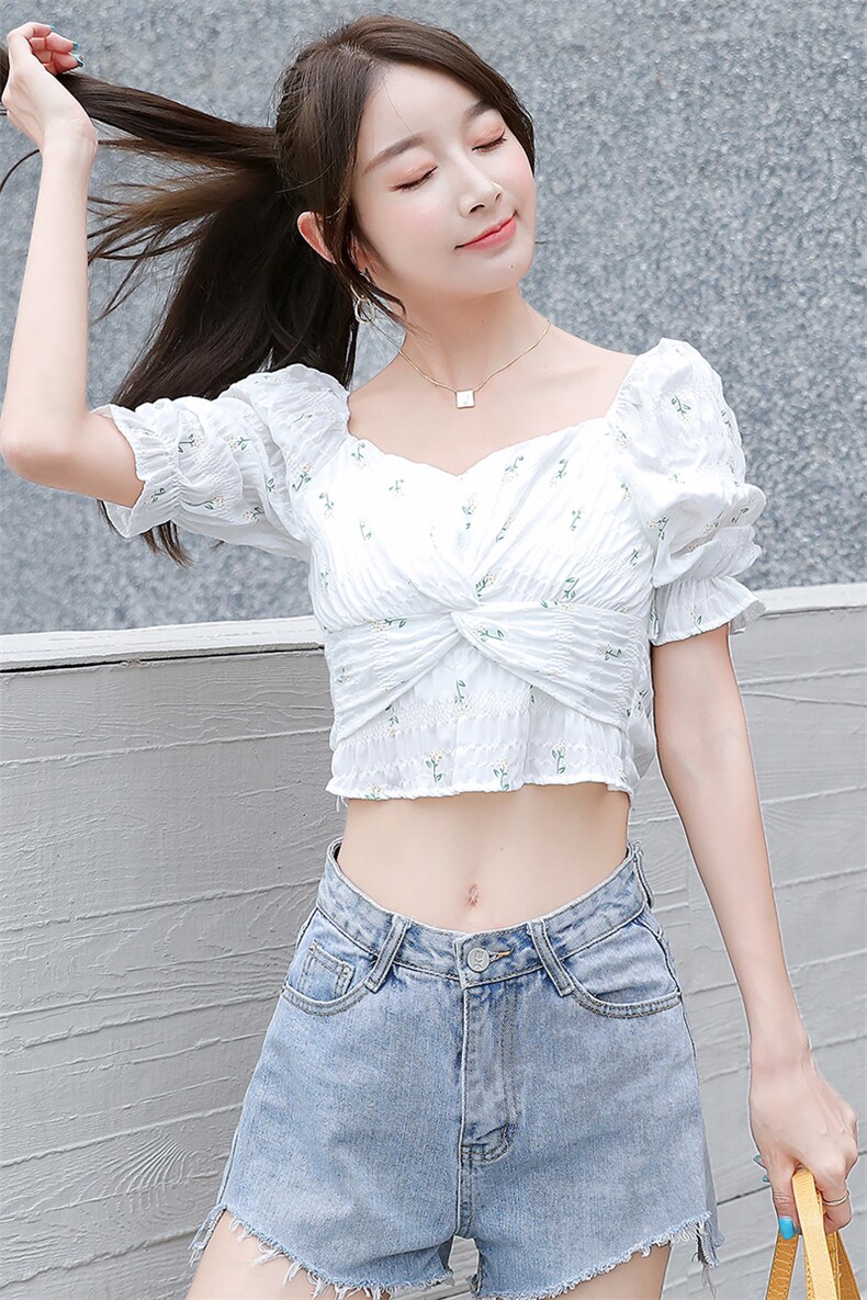 LaluneDuCiel纯棉法式复古木耳边碎花短袖女夏季修身一字肩上衣,女装蕾丝衫/雪纺衫,寒都衣屋