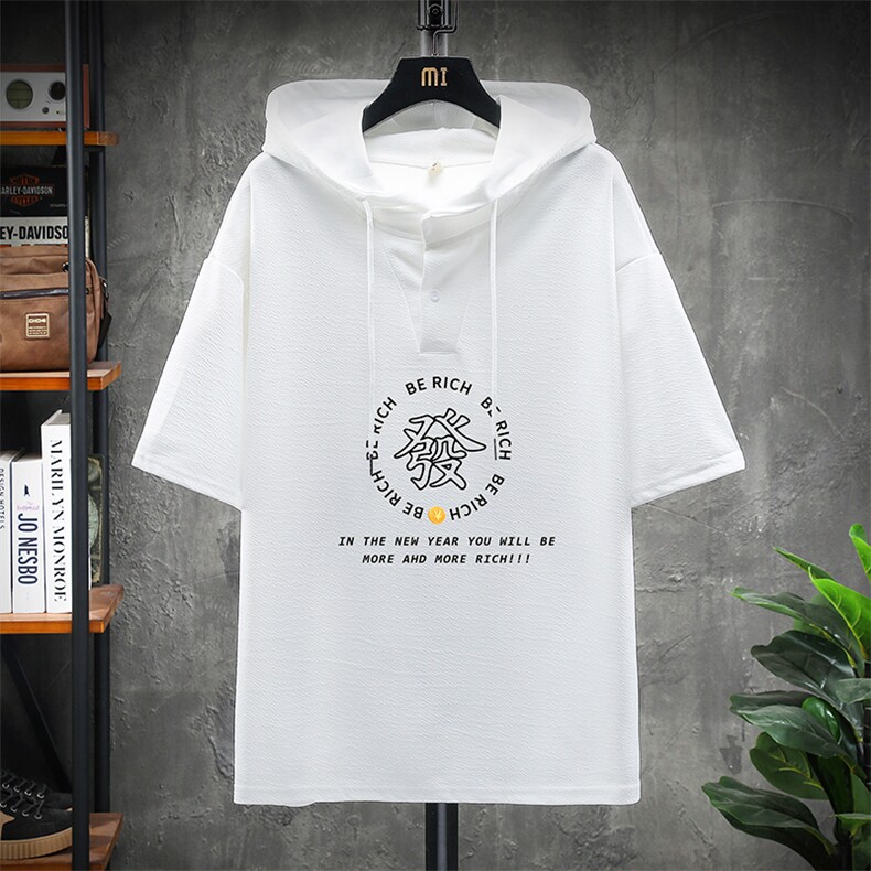 LD5163-P45 连帽短袖t恤男大码胖子带帽五分袖中袖 展架图片