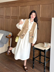 卡其色牛仔绣花背心半身裙两件套女2025春季新款时尚减龄百搭套装图片