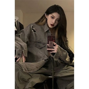 2025美式高街设计感水洗破洞牛仔外套男女春季做旧工装潮vibe夹克图片