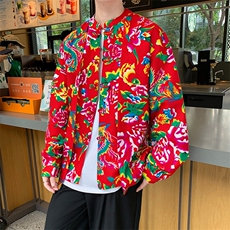 C88东北大花假两件长袖衬衫盘扣新中式汉服表演出团队男女大码潮，男装衬衫，星座115A(原星座507）