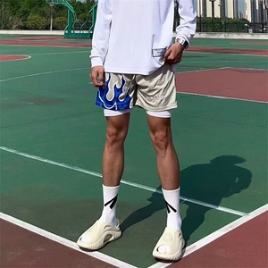 夏季火焰美式篮球短裤运动休闲不过膝黑色速干宽松训练系带四分裤