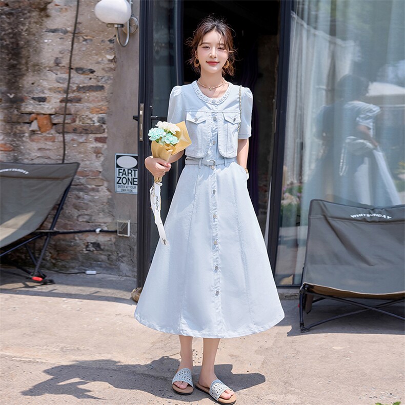清新减龄蓝色牛仔连衣裙女2025夏季新款小个子收腰气质显瘦衬衫裙,女装连衣裙,沁沁公主