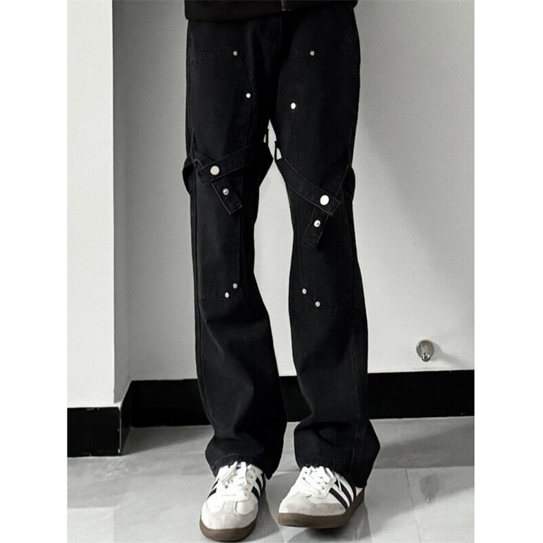 美式hiphop裤子高街vibe交叉绑带牛仔裤修身直筒微喇叭裤，男装牛仔裤，星座310A-4