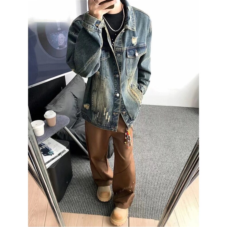 重工美式破洞牛仔外套男女2025春秋高街痞帅牛仔夹克翻领上衣,男装工装外套,星座410-6（原星座1304-1）