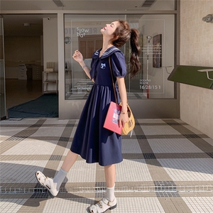 减龄学院风藏青色连衣裙女夏2025新款小个子今年流行法式绝美气质图片