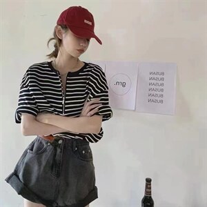 夏季新款欧美时尚条纹短袖T恤,女装T恤,L·H·X