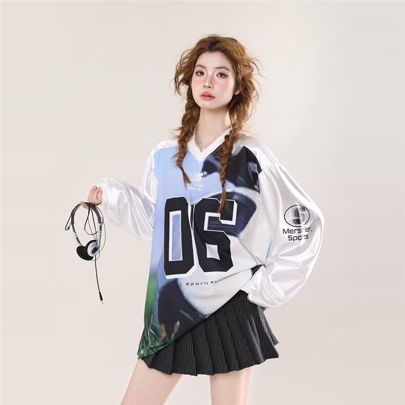 秋款运动缎面设计感V领球衣卫衣男女扎染休闲长袖上衣WY0015P33,男装卫衣,星座1013-1