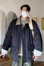 港风撞色灯芯绒拼接领棉衣外套女羊羔绒情侣加厚棉服G1070P128，男装棉衣，电商A339