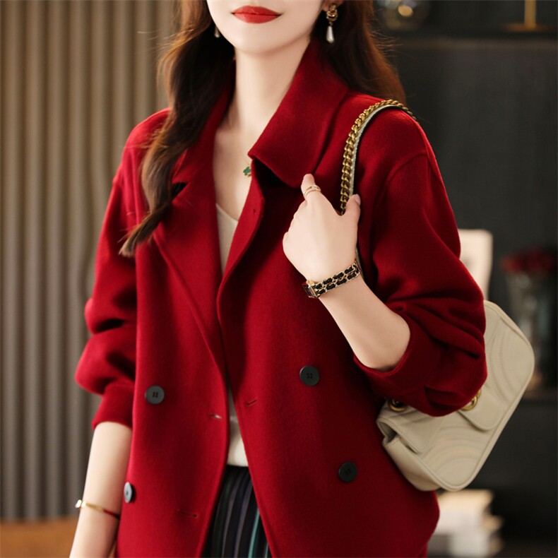 2025秋冬新款双面羊绒大衣女短款双排扣韩版宽松小个子羊毛外套，女装双面呢大衣，贝源羊绒