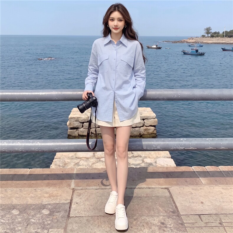女款春秋新款设计感纯色翻领百搭单排扣宽松时尚简约小个子衬衣潮图片