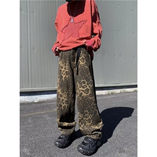 美式豹纹牛仔裤秋季复古重水洗帆布工装豹纹休闲裤子男，男装休闲裤，星座716-2