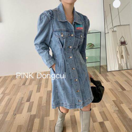 现货韩版薄料格子西服牛仔裙韩系直筒连衣裙，女装连衣裙，PINK