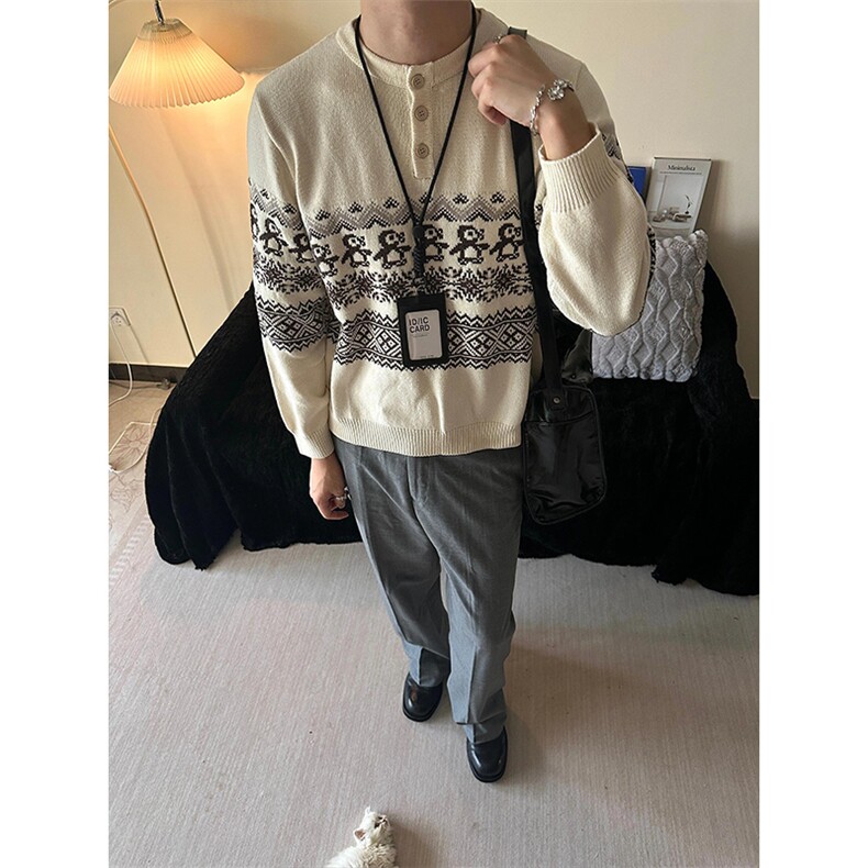 TAICHIISM“圣诞企鹅”费尔岛复古花纹毛衣男女款秋冬情侣针织衫，男装针织衫/毛衣，星座1005-1