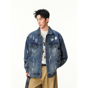 水洗牛仔外套男款春季美式痞帅上衣服宽松休闲工装夹克JK1319-P98图片